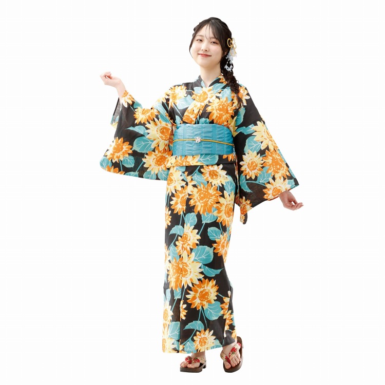 #ナツイロゆかた 2点セット  ≪水彩ひまわり≫　フリーサイズ