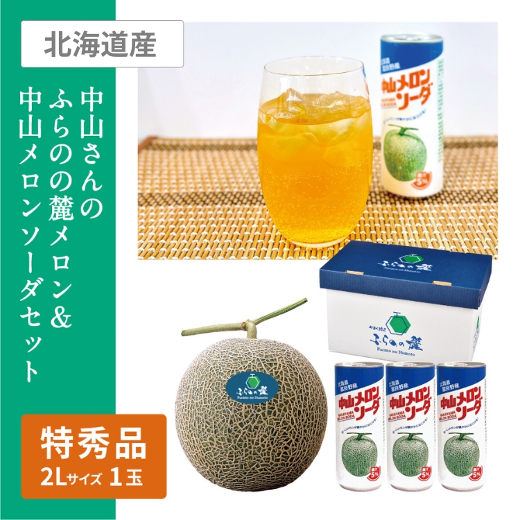 中山さんのふらのの麓メロン&中山メロンソーダセット　(メロン2Lサイズ特秀品赤肉1個)