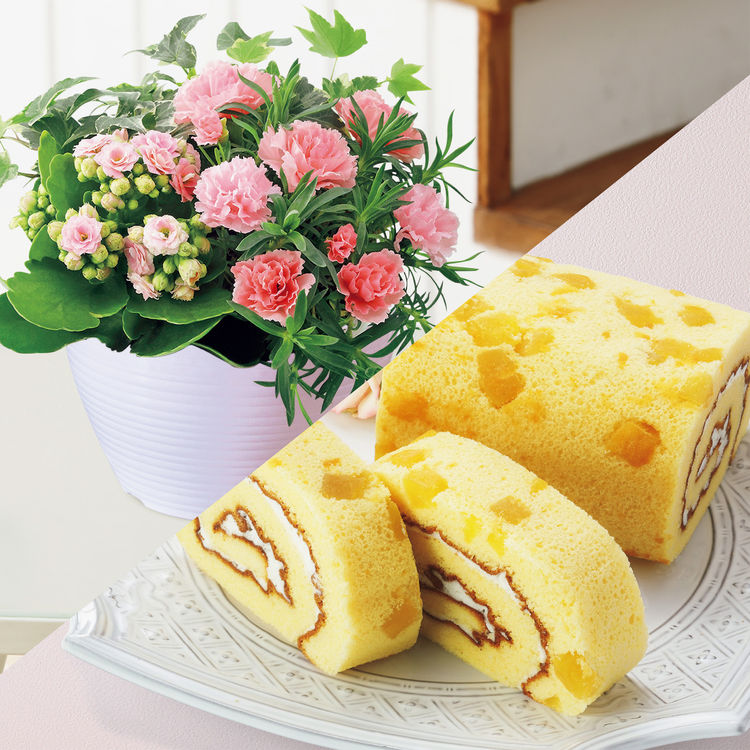 カーネーションの寄せ植え(SUSTEE付)+東京堂 芋ロールケーキ　