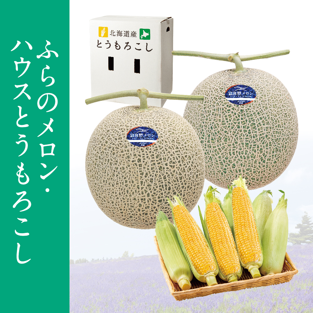 ふらのメロン・ハウスとうもろこし　ふらのメロン2Lサイズ秀品赤肉2個 ハウスとうもろこし7本